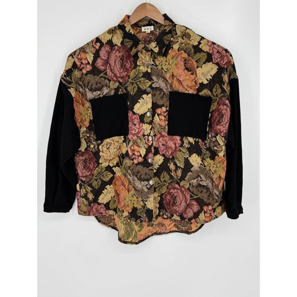 POL Floral Shacket Women's Tapestry Fall Colors/Black Size Large Pockets B2